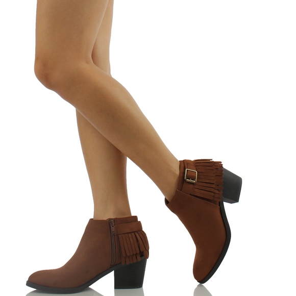 Cognac Faux Suede Back Fringe Ankle Bootie - Picture 4 of 5